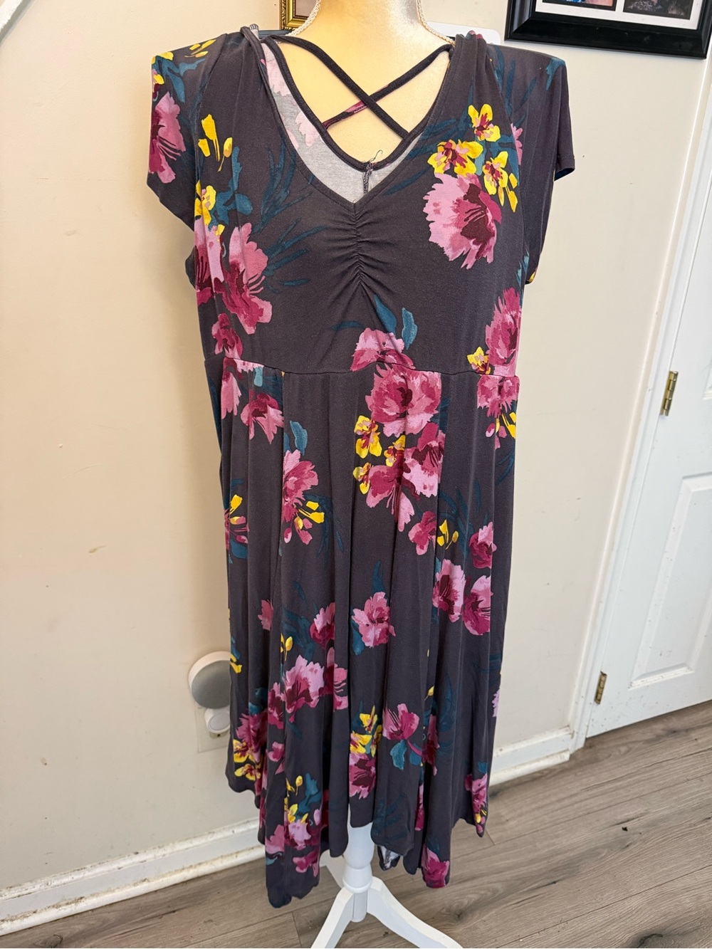 torrid Gray Floral Midi Dress with Pink and Yellow Blooms
